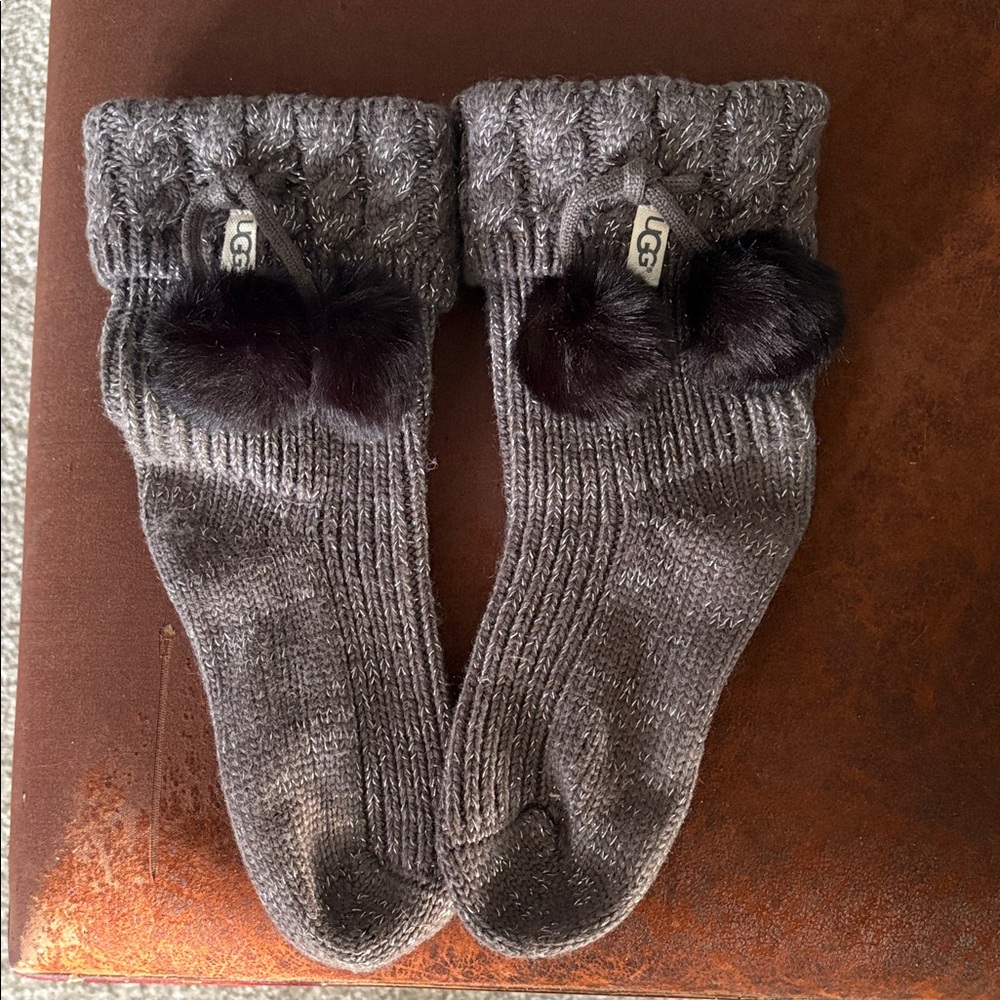 UGG Charcoal Knit Socks with Dark Fur Pom Poms